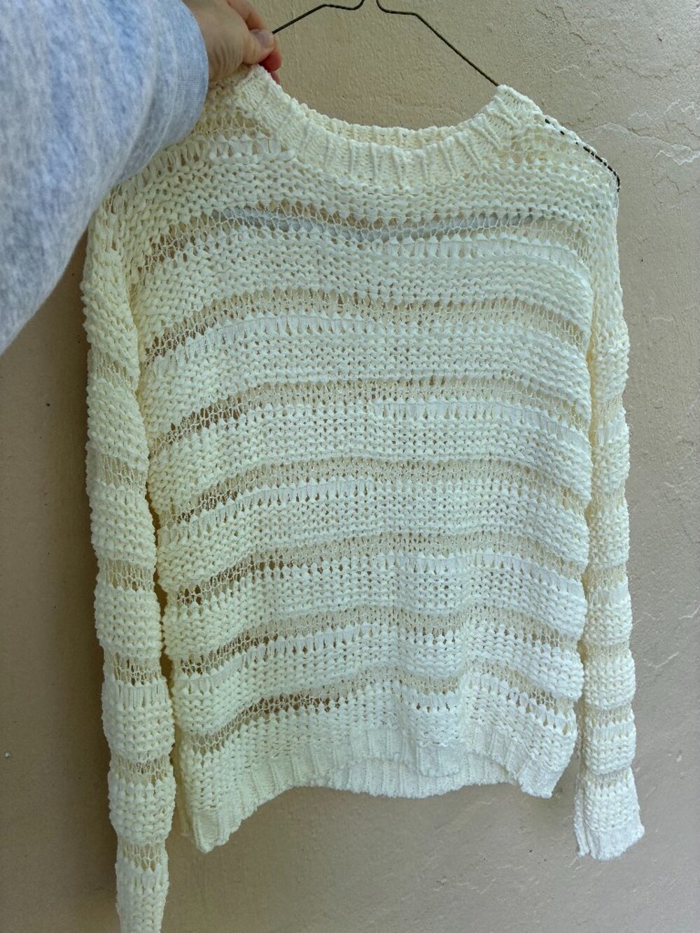 Cream Open-Knit Textured Pullover Sweater - Small